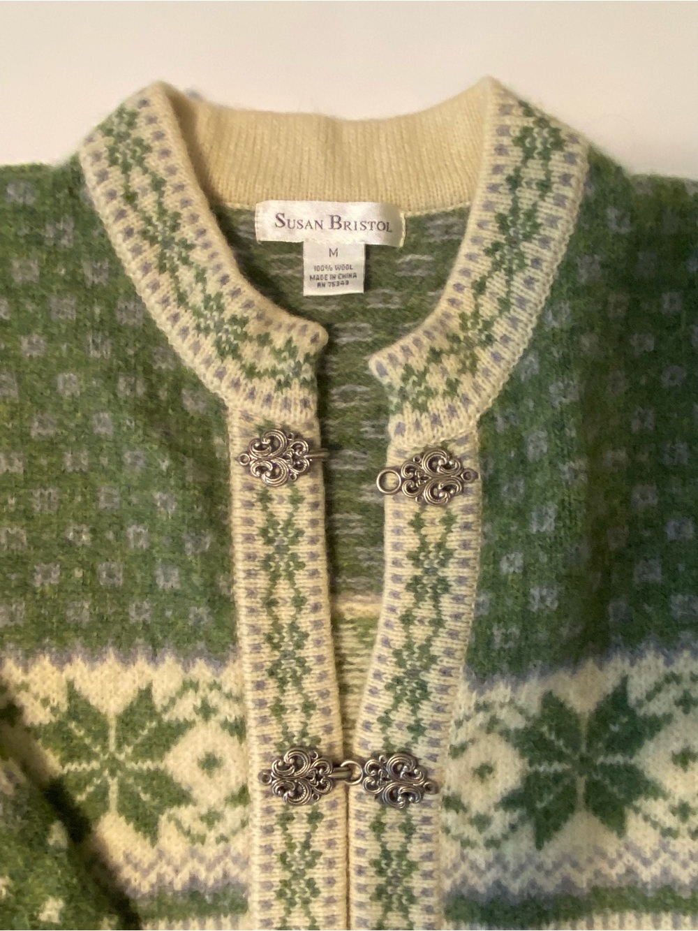 Susan Bristol Green and Cream Wool Cardigan - Picture 3 of 6